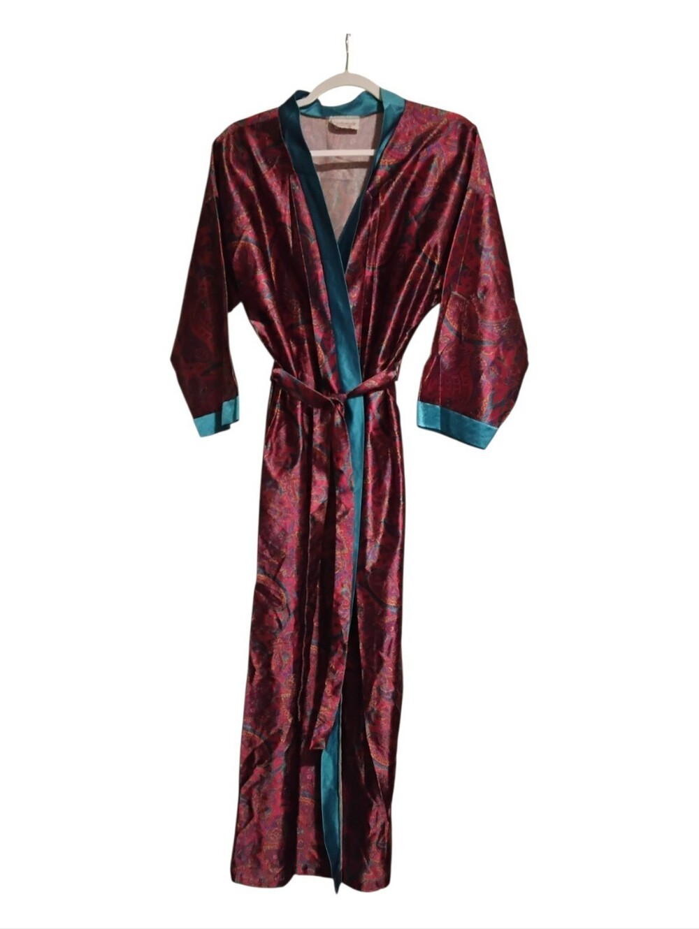 Silk-Style Burgundy Paisley Long Robe with Teal Trim